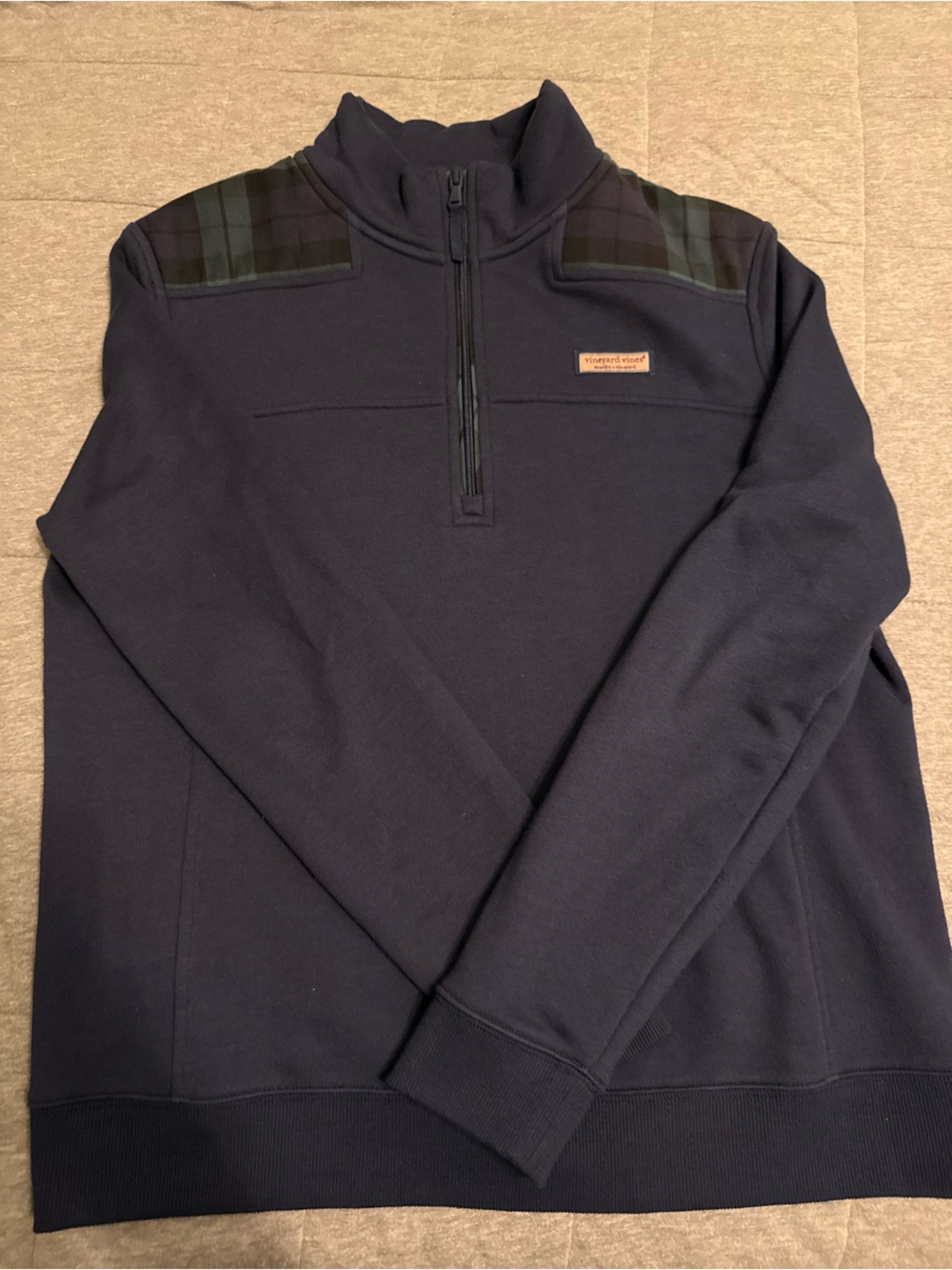 Vineyard Vines Navy Half-Zip Sweatshirt with Green Plaid Accents